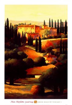 an oil painting of trees and houses in the distance