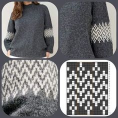 four different knitted sweaters are shown in three different colors and patterns, including one with an argyle pattern