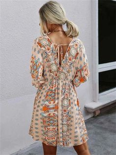 V-neck Waist Print Dress Print Dresses Casual Printed V-neck Mini Dress, Flowy V-neck Boho Print Dress, Multicolor V-neck Boho Dress For Brunch, Multicolor V-neck Boho Dress, Printed V-neck Dress For Day Out, Casual Boho Print Mini Dress, Multicolor V-neck Mini Dress With Boho Print, Fall Boho V-neck Dress For Brunch, Knee-length Boho Print Summer Dress