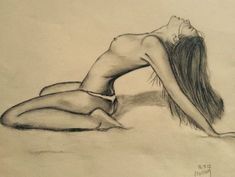 a pencil drawing of a woman laying on the ground with her back turned to the camera