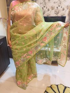 Beautiful organza saree with Resham work all over Pre-draped Organza Saree With Pallu, Organza Pre-draped Saree With Pallu, Traditional Green Organza Blouse Piece, Semi-stitched Organza Pre-draped Saree With Sheer Dupatta, Green Organza Pre-draped Saree With Cutdana, Green Organza Pre-draped Saree For Festivals, Green Organza Blouse Piece With Zari Work, Green Organza Traditional Wear With Traditional Drape, Traditional Green Organza Wear With Traditional Drape