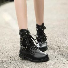 Material: PU, Rubber • Boot Height: Ankle • Type: Lace-Up, Motorcycle Boots, Flat With, Solid, Boots • Toe Shape: Round Toe • Heel Height: Low (1cm-3cm) • Material: Rubber, PU, PU • With Platforms: No • Is_handmade: No • Department Name: Adult Grunge Lace-up Boots With Round Toe For Fall, Black Lace-up Combat Boots With Rivets, Spring Concert Lace-up Boots, Fall Black Lace-up Boots With Rivets, Grunge Lace-up Boots For Fall, Round Toe Platform Boots For Winter Concerts, Winter High-top Martin Boots With Buckle, Edgy Martin Boots With Round Toe For Winter, Grunge Martin Boots With Round Toe For Fall