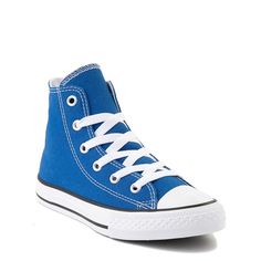 Complete their look with the iconic style of the Converse Chuck Taylor All Star Hi Sneaker! You're never too old, or young, for the original Chuck Taylor All Stars from Converse, featuring breathable canvas uppers with signature rubber cap toe an Classic Blue Lace-up High-top Sneakers, Blue Converse Canvas Sneakers, Blue Casual Cotton High-top Sneakers, Blue Converse Cotton High-top Sneakers, Blue Cotton Converse High-top Sneakers, Blue Canvas Shoes For Sports In Spring, Blue Canvas Shoes For Spring Sports, Blue Sporty High-top Sneakers With Cotton Material, Blue Canvas Shoes With Round Toe