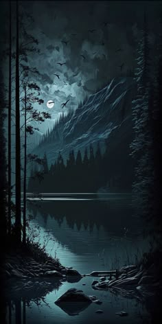 a night scene with the moon and trees