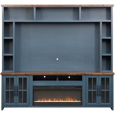 an entertainment center with a fireplace in the middle and shelves on either side, both open