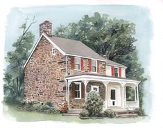 a watercolor painting of a brick house with red shutters on the front and second story