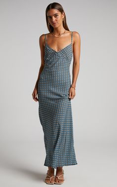 Brunita Midi Dress - V Neck Low Scoop Back Slip Dress in Tile Geo | Showpo USA Midi Slip Dress, Tile Print, Chunky Sneakers, Guest Dresses, European Fashion, Pretty Dresses, Fashion Inspo Outfits, Casual Dresses, Slip Dress