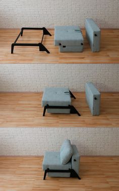 three different types of couches sitting on the floor in front of a brick wall