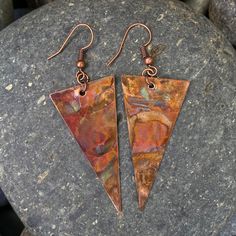 Rust-colored Soldered Copper Earrings, Artisan Orange Copper Earrings, Handmade Rust-colored Earthy Earrings, Artisan Rust-colored Earrings As Gift, Unique Rust-colored Earrings With Ear Wire, Artistic Copper Earrings, Unique Rust Earrings With Ear Wire, Artistic Brown Copper Earrings, Earthy Rust-colored Earrings For Gift