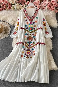 Vintage Chic Women's Floral Embroidery V Neck Cotton Linen Boho Maxi Dress Spring V-neck Dress With Multicolor Embroidery, Casual Multicolor Embroidered V-neck Dress, Spring Festival Embroidered V-neck Dress, White V-neck Dress With Geometric Embroidery, Spring V-neck Embroidered Dress With Geometric Design, V-neck Embroidered Dress With Geometric Patterns For Spring, Spring V-neck Embroidered Dress With Geometric Embroidery, Spring Cotton V-neck Embroidered Dress, Summer V-neck Dress With Geometric Embroidery