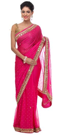 186523 Pink and Majenta color family Party Wear Sarees in Faux Chiffon fabric with Mirror,Zircon work with matching unstitched blouse. Latest Indian Saree, Indian Saree Blouse, Indian Sarees Online, Embroidered Chiffon, Designer Saree Blouse Patterns, Utsav Fashion, Saree Models, Saree Trends, Elegant Saree