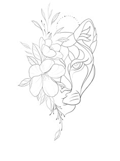 a drawing of a tiger with flowers on it's head