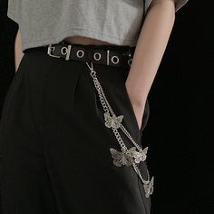 Material: Metal, PUOption:1. Belt Only,2. Butterfly Double Chains,3. Belt + Chains,Size:Chain Length: 52 / 65cmBelt Length: 100cm, 2.8cm wide Butterfly Chain Belt, Light Blue Shirt Outfit, Chains Belt, Black Tomboy, Belt Chains, Goth Belt, Belt For Dresses, Chain Outfit, Jeans With Chains