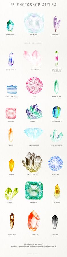 a poster with different colored gems on it's sides and the words watercolour gems