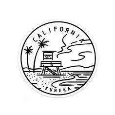 the california beach badge is shown in black and white, with palm trees on it