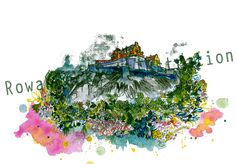 a drawing of a castle on top of a hill with trees and flowers around it