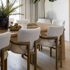 a dining room table with chairs and a potted plant