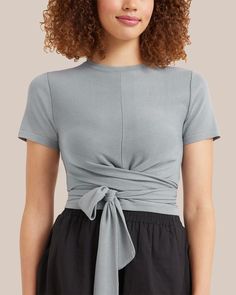 Jude Cropped Wrap Blouse  |  Modern Citizen Cropped Blouse, Dressing Up, Dress Silhouette, Front Tie Top, Wrap Blouse, Crop Blouse, Blue Blouse, One Shoulder Blouse, Blue Grey