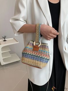 BirdinBag - Stylish Summer Beach Travel Essential: Mini Colorblock Straw Bag Beach Travel Essentials, Paper Sizes Chart, Beach Trips, Waist Bags, Beach Travel, Bag Bag, Chic Woman, Beach Trip, Polyester Material