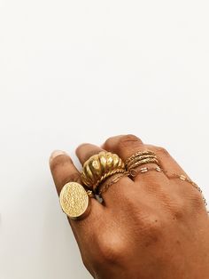 Textured stack rings that can be worn on any finger, you can wear a single ring on each finger or all 3. Available in brass or gold plated. DETAILS: AdjustableBrass RingsShips with polishing cloth *Sold as a set of 3, 5 or 9. All other rings sold separately. Hands Full Of Rings, Afrocentric Jewelry, Ancient Egyptian Jewelry, Stack Rings, Single Ring, Stacking Ring Set, Egyptian Jewelry, Gold Ring Sets, Everyday Rings