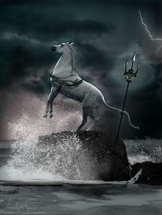 a white horse standing on top of a rock in the ocean next to a lightning bolt