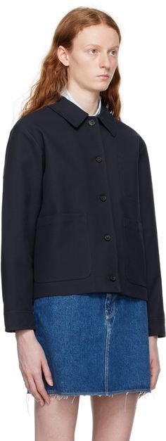 Double-faced cotton twill jacket. · Spread collar · Button closure · Patch pockets · Single-button barrel cuffs · Patch pocket at interior · Unlined Supplier color: Dark navy Navy Button-up Outerwear With Patch Pockets, Navy Cotton Outerwear With Buttoned Pockets, Navy Collared Outerwear With Buttoned Pockets, Classic Utility Jacket With Button Cuffs For Workwear, Cotton Utility Jacket With Button Cuffs For Work, Classic Cotton Blazer With Button Cuffs, Cotton Workwear Blazer With Button Closure, Navy Sport Coat With Patch Pockets For Work, Cotton Blazer With Buttoned Pockets For Work