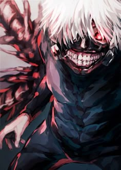 an anime character with white hair and red eyes is smiling at the camera while holding his hands out