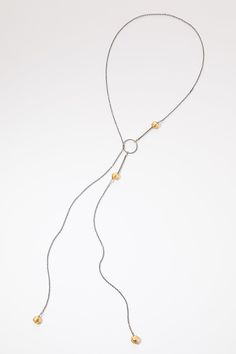 Murano Glass Lariat by Morgan Amirani (Gold, Silver & Stone Necklace) | Artful Home Luxury Sterling Silver Lariat Jewelry, Modern Adjustable Gold Lariat Necklace, Gold Sterling Silver Lariat Chain Necklace, Modern Sterling Silver Jewelry With Round Beads, Yellow Gold Lariat Jewelry For Party, Yellow Gold Sterling Silver Single Strand Necklace, Yellow Gold Single Strand Necklace In Sterling Silver, Modern Adjustable Yellow Gold Chain Necklace, Luxury Sterling Silver Necklace With Polished Beads