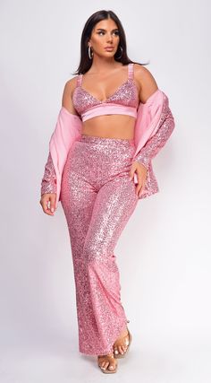 3 piece set  Sequin bodice  95% Poly 5% Span Model's height: 5'6"  Model wears size S Fitted High Waist Two-piece Bottoms, Fitted High-waist Bottoms, Fitted Long Sleeve Sequin Pantsuit, Fitted Long Sleeve Pant Set For Party, Fitted Sequined Pantsuit With Long Sleeves, Chic Fitted Trouser Sets, Chic Fitted Trousers Set, Two-piece Wide Leg Party Sets, Elegant Two-piece Set Bottoms For Party