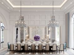 a large dining room with chandeliers and white chairs in front of the table