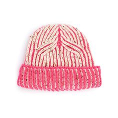 a pink and white knitted beanie hat on a white background with the word love written