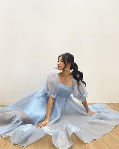 Chiffon Square Neck Midi Dress For Party, Fitted Midi Dress With Sheer Organza Sleeves, Elegant Sheer Square Neck Dress, Feminine Square Neck Chiffon Party Dress, Light Blue Organza Dress For Formal Occasions, Elegant Organza Puff Sleeve Dress For Wedding, Elegant Organza Puff Sleeve Wedding Dress, Blue Chiffon Dress With Sheer Sleeves, Feminine Puff Sleeve Prom Dress