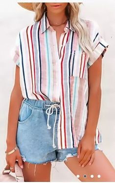 F00133600-103 Casual Multicolor Short Sleeve Beach Shirt, Casual Multicolor Short Sleeve Shirt For Beach, Casual Cotton Blouse For Vacation, Multicolor Summer Shirt With Pockets, Summer Multicolor Shirt With Pockets, Trendy Striped Tops With Pockets, Casual Pink Shirt With Pockets, Trendy Multicolor Tops With Pockets, Striped Collared Beach Top