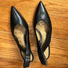 This Sleek Sam Edelman Has A Black Leather Pointy Toe Upper And Slingback Heel With A Bit Of Elastic For Easy On/Off And Sits On ~2.5 Inch Heels. Nwot, Minor Display Scuffs. Size 6.5 #Petfree #Smokefree Black 4-inch Heel Slingback Sandals, Modern Black Slingback Pumps With 4-inch Heel, Black Slingback Sandals With 4-inch Heel And Open Toe, Sleek Black Slingback Pumps With 4-inch Heel, Black Synthetic Slingback Pumps With 4-inch Heel, 5 Inch Heels, Slingback Heel, Sam Edelman, Shoes Women Heels