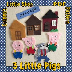 three little pigs are standing in front of some small houses and farm animals, with the text'3 little pigs'above them