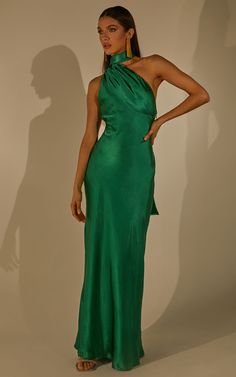 Ryan Maxi Dress - Tie Neck One Shoulder Dress in Forest Green Emerald Green Black Tie Dress, Jewel Tone Dresses Formal, Green Black Tie Dress, Black Tie Wedding Guest Dress Winter, Winter Dress Formal, Green Dress For Wedding, Forest Green Gown, Black Tie Formal Wedding Guest, Green Maxi Dresses