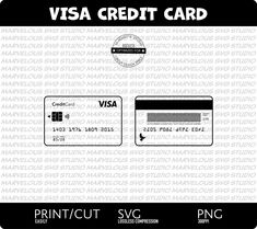 the visa credit card is shown in black and white, as well as an image of a