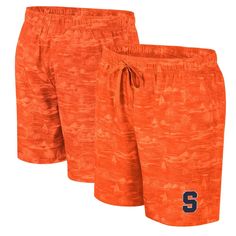 Carry your Syracuse Orange pride with you as you vacation by sporting these Colosseum Ozark swim shorts. An interior mesh lining promotes breathability, while an elastic waistband adjusts the fit to your perfect size. An eye-catching pattern adds flair to the classic Syracuse Orange graphics for a spirited poolside look. Officially licensed Imported Material: 92% Polyester/8% Spandex - Body; 100% Polyester - Liner Embroidered fabric applique Interior mesh lining Machine wash, tumble dry low Elas Moisture-wicking Swimwear For Sports, Collegiate Style Cotton Bottoms For Summer, Summer Collegiate Style Cotton Bottoms, Short Swim Trunks For Summer Sports Events, Summer Sports Shorts, Summer Short Swim Trunks For Sports, Sportswear Bottoms For Summer Sports Events, Summer Cotton Activewear For Sports Events, Sporty Swimwear For Sports Events In Summer