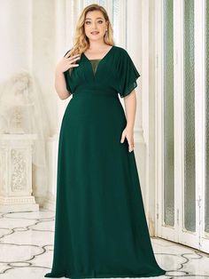 Plus Size Empire Waist Chiffon Formal Maxi Evening Dress #color_Dusty Navy Chiffon V-neck Evening Dress For Banquet, Chiffon V-neck Evening Dress For Prom, V-neck Chiffon Evening Dress For Banquet, Chiffon V-neck Evening Dress For Prom Season, Elegant Green Chiffon Prom Dress, Flowy Evening Bridesmaid Dress For Prom Season, Flowy V-neck Bridesmaid Dress For Evening, Elegant Flowy V-neck Bridesmaid Dress, Flowy Bridesmaid Dress For Prom Season Evening