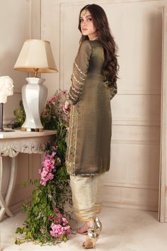 Leah | Pakistani Designer Outfit | Sarosh Salman Semi-stitched Raw Silk Kurta With Dabka Work, Festive Raw Silk Lawn Suit With Traditional Drape, Unstitched Raw Silk Traditional Wear For Eid, Semi-stitched Gold Chanderi Lawn Suit, Designer Raw Silk Lawn Suit For Eid, Gold Raw Silk Lawn Suit With Dabka Work, Festive Raw Silk Lawn Suit With Dabka, Festive Raw Silk Lawn Suit With Zari Work, Festive Designer Raw Silk Lawn Suit