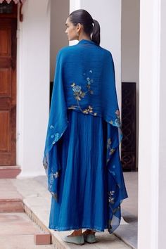 Sapphire blue anarkali with thread applique embroidery in floral pattern. Paired with dupatta. - Aza Fashions Blue Wedding Dress With Embroidered Border, Blue Embroidered Saree Dress, Embroidered Blue Saree Dress, Embroidered Maxi Length Dupatta For Eid, Blue Anarkali Set With Embroidered Border, Blue Embroidered Floor-length Salwar Kameez, Blue Silk Embroidered Anarkali Set, Floor-length Chanderi Dupatta With Floral Embroidery, Embroidered Blue Maxi Anarkali Set