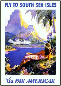 an old poster with a woman laying on the ground in front of water and mountains