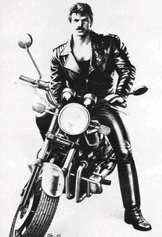 black and white drawing of a man on a motorbike in leathers sitting down