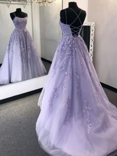 Stylish Backless Purple Lace Long Prom Dresses, Purple Lace Formal Dresses, Purple Evening Dresses, Ball Gown Yule Ball Dresses Purple, Lilac Dresses Prom, Purple Prom Dress With Corset, Princess Ball Gowns Purple, Lavender Dresses Prom, Baby Purple Prom Dress, Light Purple Maid Of Honor Dress, Grad Dresses Purple, Purple Prom Dress Flowy