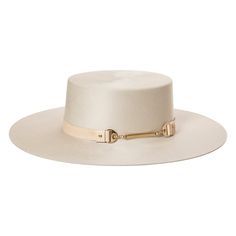 100% wool felt bolero hat with a leather and metal band. Brim measures 3.825 inches and hat comes in a classic round Bijou Van Ness hat box. Elegant Cream Luxury Fedora, Luxury White Felt Hat For Country Events, Western Style Formal Top Hat With Flat Crown, Luxury Adjustable Felt Hat For Formal Occasions, Adjustable Luxury Hat Bands For Formal Occasions, Luxury Formal Top Hat With Flat Brim, Luxury Flat Brim Felt Hat For Formal Occasions, Luxury Fur Felt Hat With Flat Crown, Luxury Felt Hat With Flat Brim For Formal Occasions