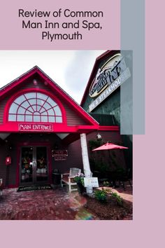 the front entrance to a restaurant with red roof and white trim on it's side