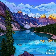 a stained glass window with mountains and water in the background that says, bible coloring