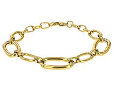 Sophisticated Steel® gold stainless steel oval link bracelet. Measures approximately 7/16 of an inch in width and has a lobster claw clasp. Gold Stainless Steel Oval Link Bracelets, Modern Oval Chain Bracelet With Polished Finish, Gold-tone Oval Link Paperclip Bracelet, Gold-tone Oval Link Bracelet, Modern Oval Tarnish Resistant Bracelets, Modern Tarnish Resistant Oval Bracelets, Elegant Stainless Steel Paperclip Bracelet, Gold Oval Link Bracelet With Lobster Clasp, Modern Gold Bracelet With Lobster Clasp