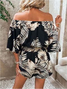 This tropical off shoulder shorts romper is perfect for your next vacation or summer outing. The playful off shoulder design adds a touch of flirtiness, while the shorts provide comfort and mobility. The tropical print adds a fun and vibrant pop of color. Get ready to turn heads with this must-have piece! 100% Polyester Hand wash/ Machine wash Brand Size Dress Bust Waist Hip XS 0-2 31-32.5'' 23-24'' 31-34" S 4--6 33-35'' 25-26'' 35-37" M 8--10 35-36'' 27-28'' 38-39" L 12--14 38-40'' 29-31'' 40-42" XL 14-16 40-42'' 33.5-36'' 44-46" 2XL 18-20 42-44'' 37-40'' 47-50" 3XL 22-24 44-46'' 41-46'' 51-55" 4XL 26-28 46-48'' 47-50'' 56-60" Summer Beach Mini Jumpsuits And Rompers, Summer Beach Jumpsuits And Rompers Mini Length, Summer Floral Print Mini Jumpsuits And Rompers, Summer Floral Print Mini Jumpsuit Or Romper, Summer Floral Print Mini Jumpsuit, Floral Print Mini Jumpsuits And Rompers For Vacation, Floral Print Mini-length Jumpsuits And Rompers For Vacation, Summer Floral Print Mini Romper, Summer Off-shoulder Floral Jumpsuits And Rompers