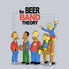 the simpsons gang mugshots in front of a bar with the beer band theory written on it